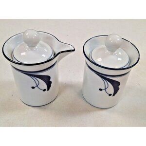 Dansk Flora Bayberry Creamer & Sugar Bowl Set & Lids Blue & White